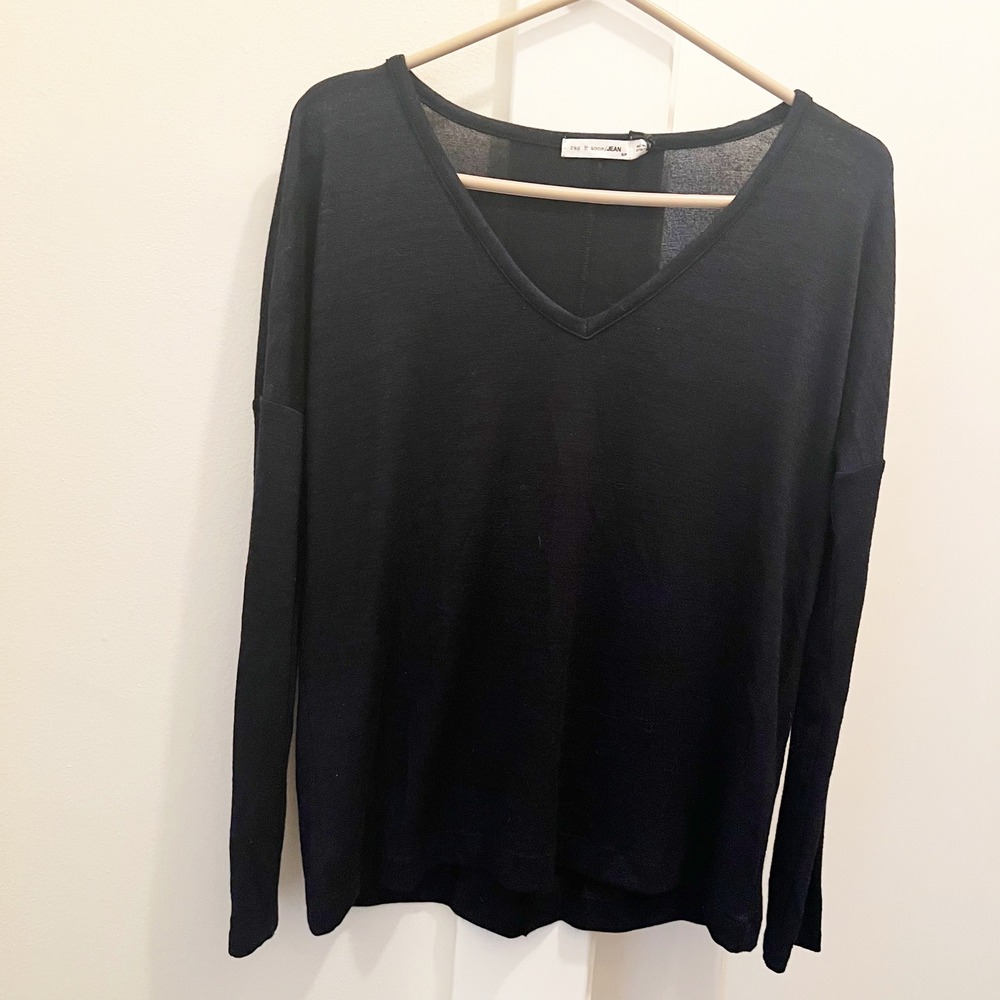Rag & Bone Theo Top‎ Small Blue Black Knit V Neck Long Sleeve Rayon Stretch